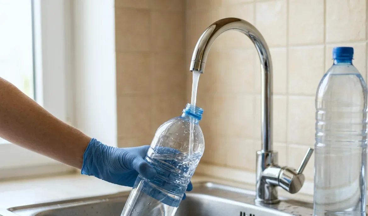 Отбор пробы воды в бутылку из кухонного крана
